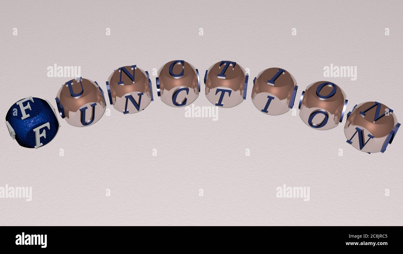 mots croisés de FONCTION disposés par des lettres cubes sur un fond miroir, signification et présentation du concept. Illustration et arrière-plan. Illustration 3D Banque D'Images