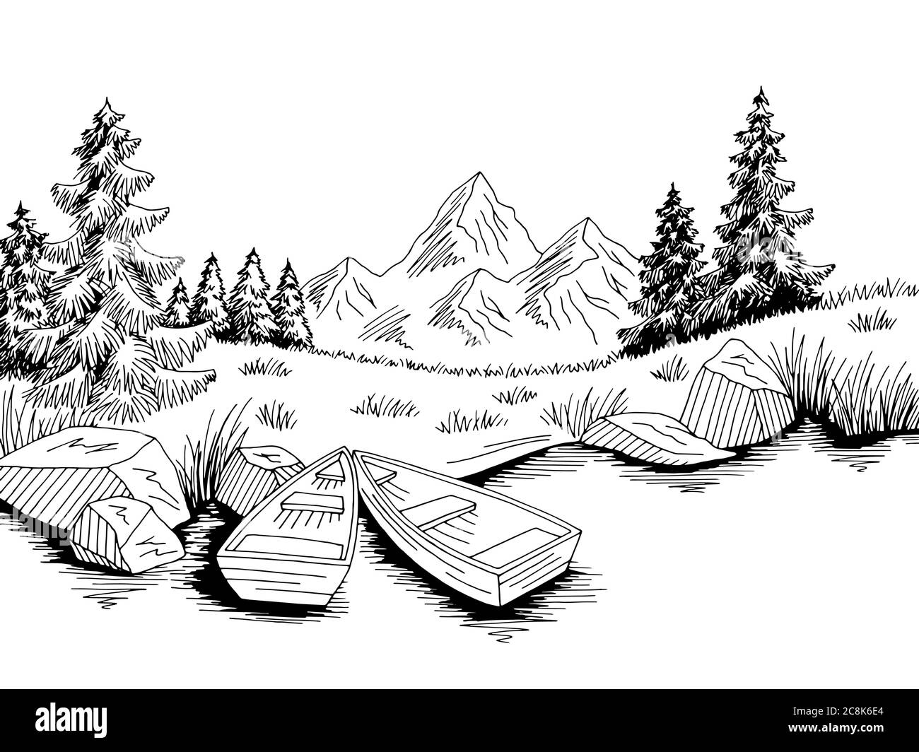 Bateau de rivière graphique noir blanc paysage dessin illustration vecteur Illustration de Vecteur