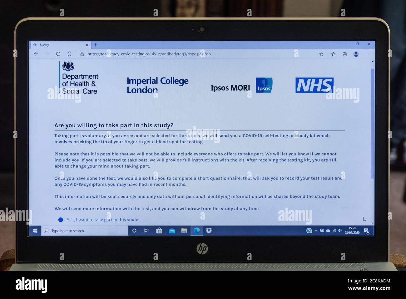 Site Web pour s'inscrire à une étude de recherche sur les anticorps covid-19 à domicile réalisée par Imperial College London et Ipsos MORI, Angleterre, juillet 2020 Banque D'Images