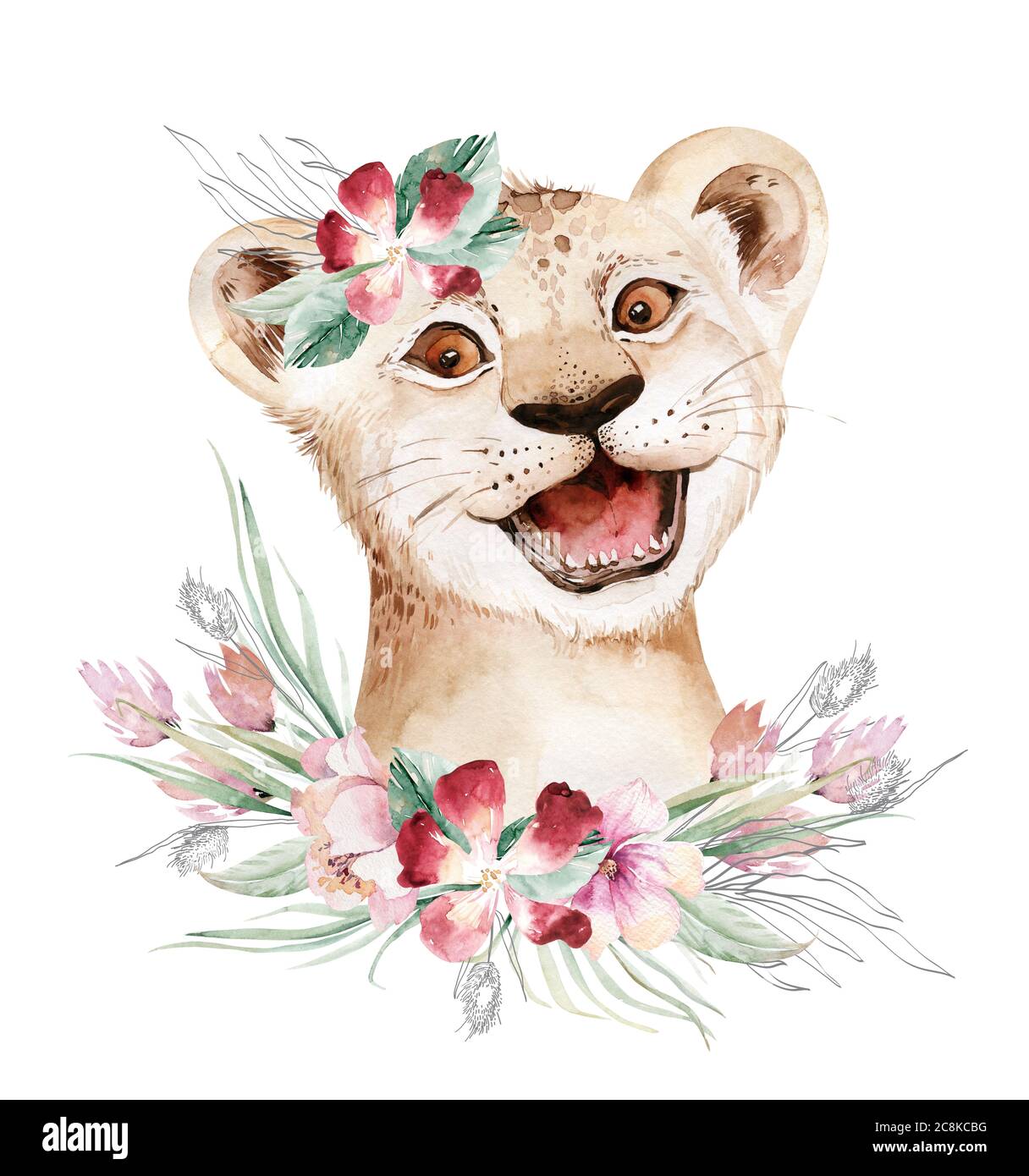Une affiche tendance avec un lion. Aquarelle dessin animé lion savane animal illustration. Imprimé d'été exotique de la savane de la jungle Banque D'Images