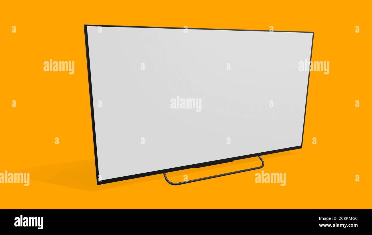 Maquette de téléviseur grand écran avec vue latérale en perspective, isolée sur fond jaune Banque D'Images