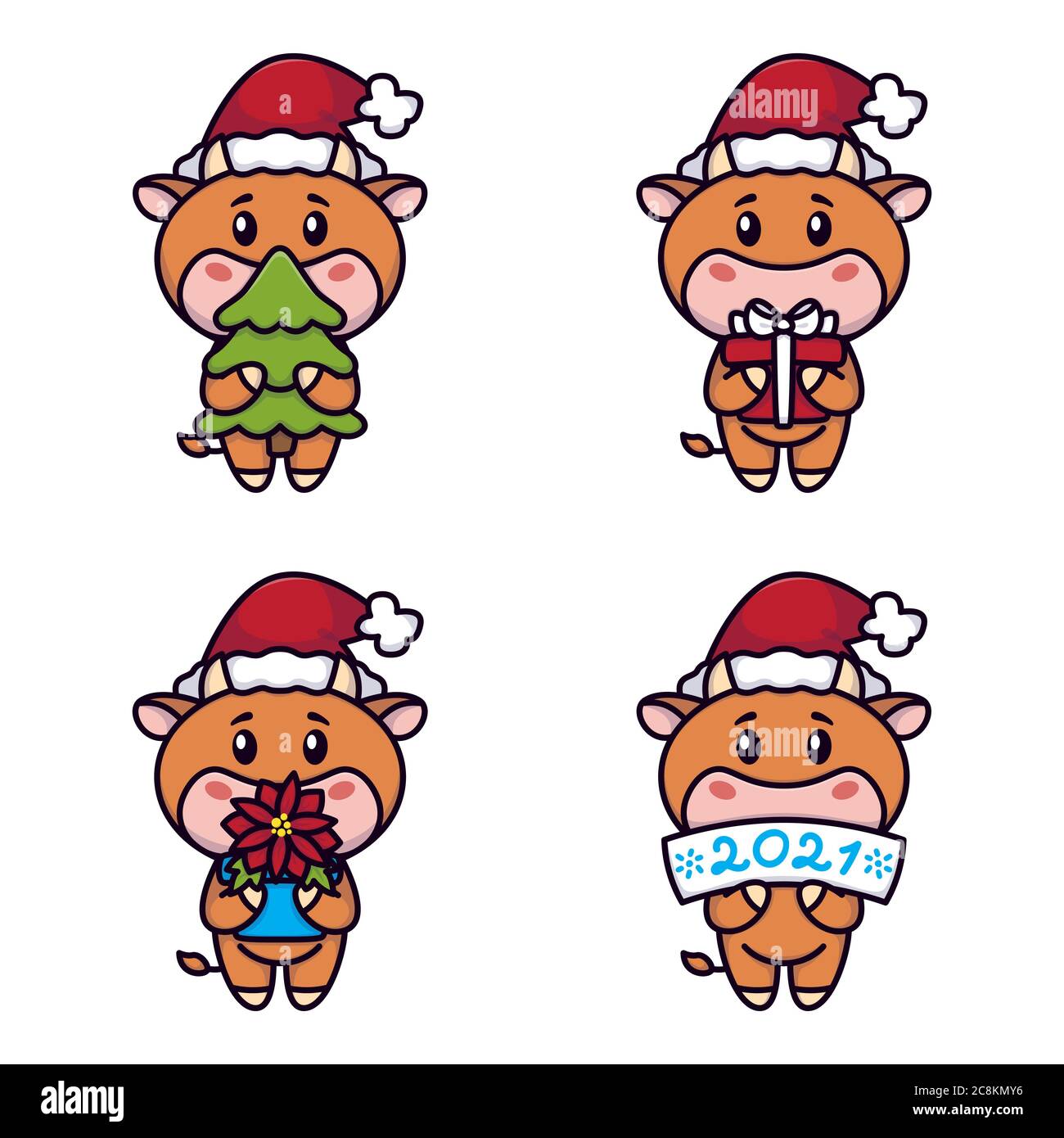 Année du boeuf. Des vaches heureuses. Taureaux mignons tenant un arbre d'épinette, cadeau, fleur de poinsettia, signe. Carte de Noël pour le nouvel an et le joyeux Noël. Illustrateur de vecteur Illustration de Vecteur