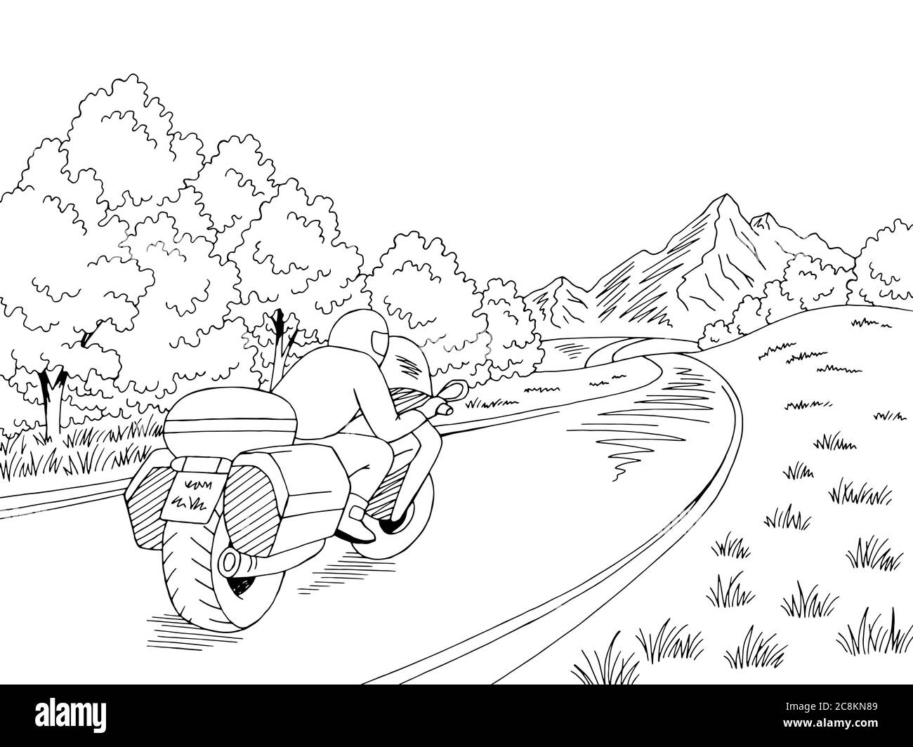 Moto voyage route graphique noir blanc paysage dessin illustration vecteur Illustration de Vecteur