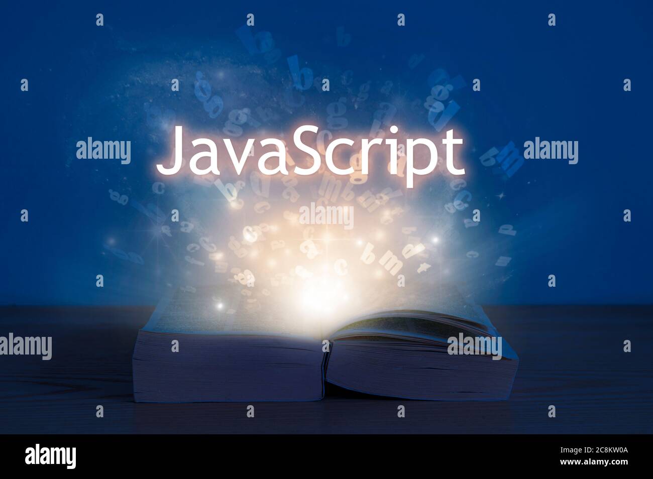 Inscription JavaScript au-dessus du livre ouvert. Lumière venant d'un livre ouvert avec des mots javascript. Concept d'éducation. Banque D'Images