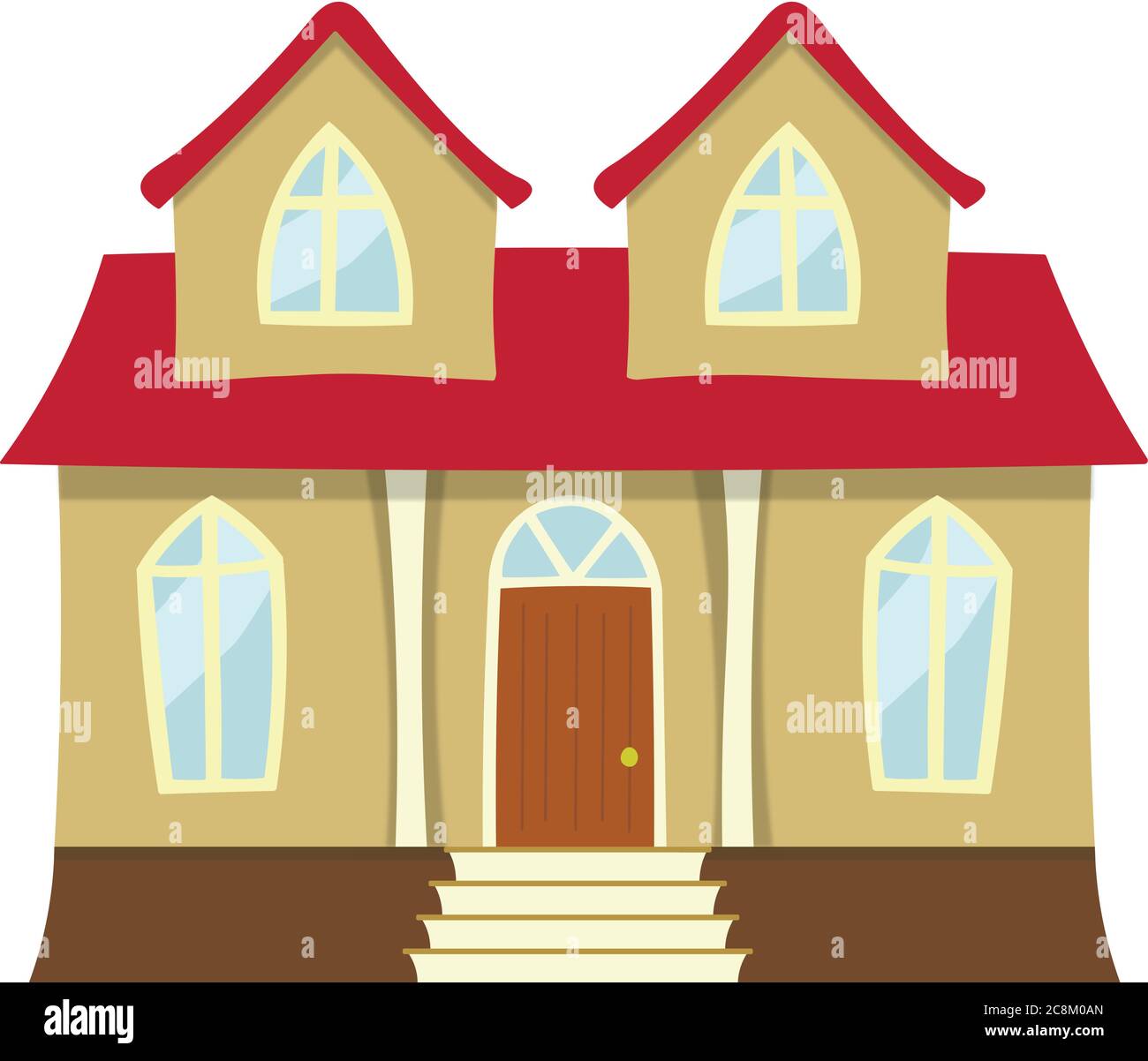 Maison de deux étages de style caricature avec toit rouge en 2D. À l'étage se trouvent des chambres de style dorma. Tous les éléments sont des calques distincts qui peuvent être modifiés. Illustration de Vecteur