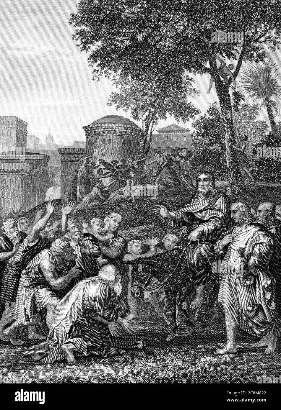 Une image d'illustration ancienne gravée du Nouveau Testament de l'entrée de Jésus-Christ à Jérusalem, d'une Bible datée de 1852 qui n'est plus dans le stoc du droit d'auteur Banque D'Images