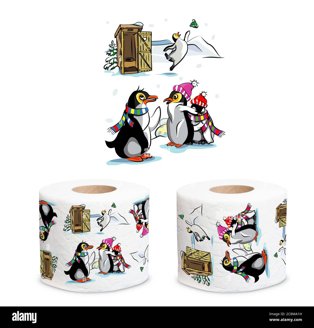 Un groupe de pingouins près de l'arbre de Noël et des toilettes en bois dans un village., illustration Banque D'Images