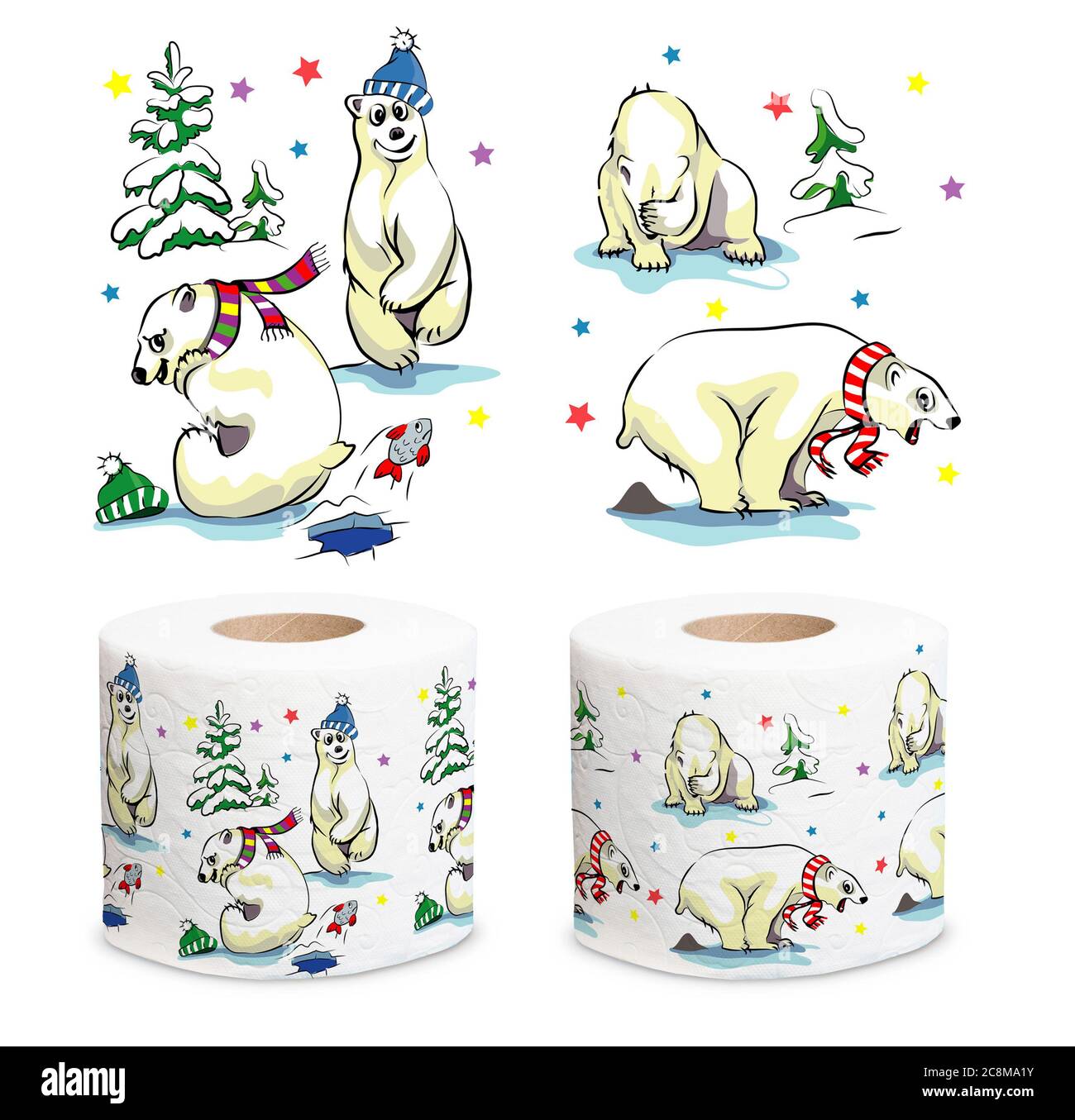 L'ours blanc polaire se trouve près de l'arbre de Noël, illustration Banque D'Images