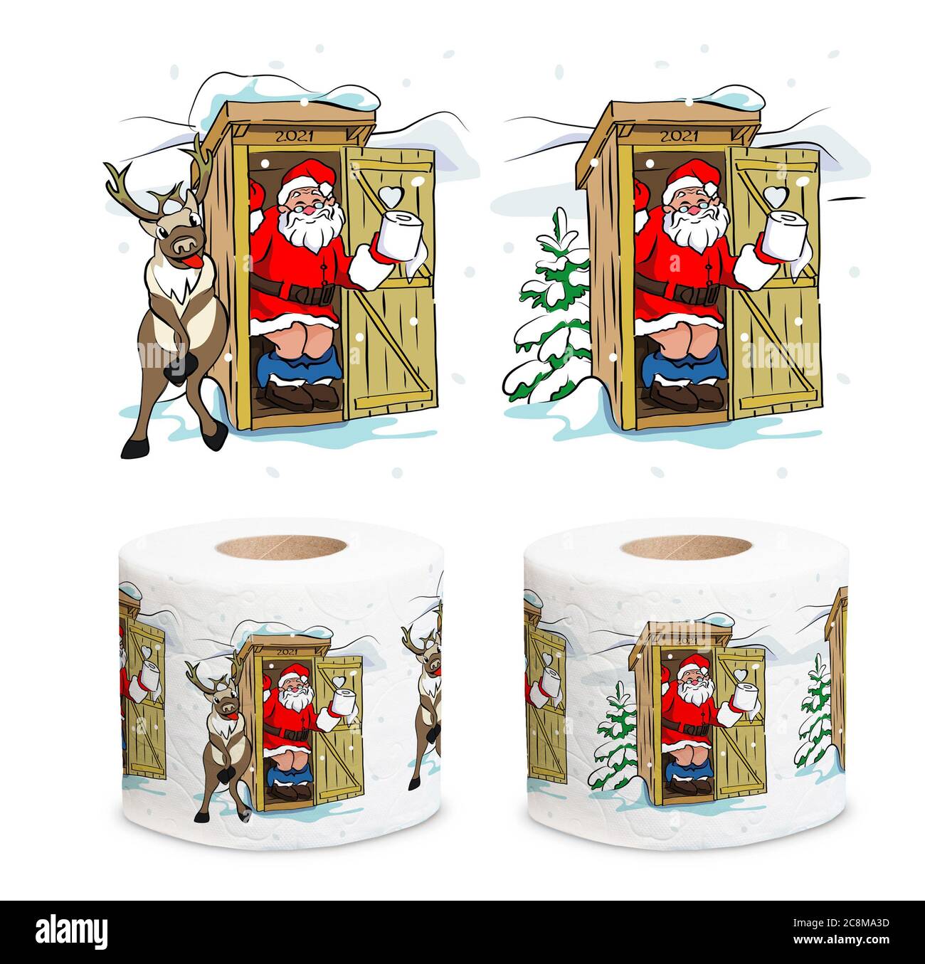 Santa Claus, cerf près des toilettes en bois près de l'arbre de Noël dans un village., illustration Banque D'Images