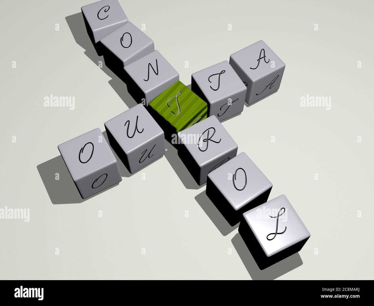 mots croisés de contrôle outta disposés par des lettres cubes sur un fond miroir, signification et présentation du concept. illustration et arrière-plan. Illustration 3D Banque D'Images