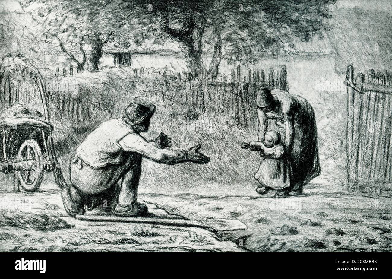 Cette peinture intitulée la première étape est de Jean-François Millet (1814-1875). Ici, dans un jardin clos derrière une maison, les parents encouragent leur enfant à marcher pour la première fois. Des passages délicats de bleu, vert, jaune et rouge animent la composition. Dans les années 1860, Jean-François Millet commença à ajouter le pastel à ses dessins de craie noire des paysans et de la vie rurale, avec l'espoir que l'ajout de couleur rendra ses dessins monochromatiques plus commercialisables. Millet était un peintre français et appartenait au mouvement réalisme. Banque D'Images