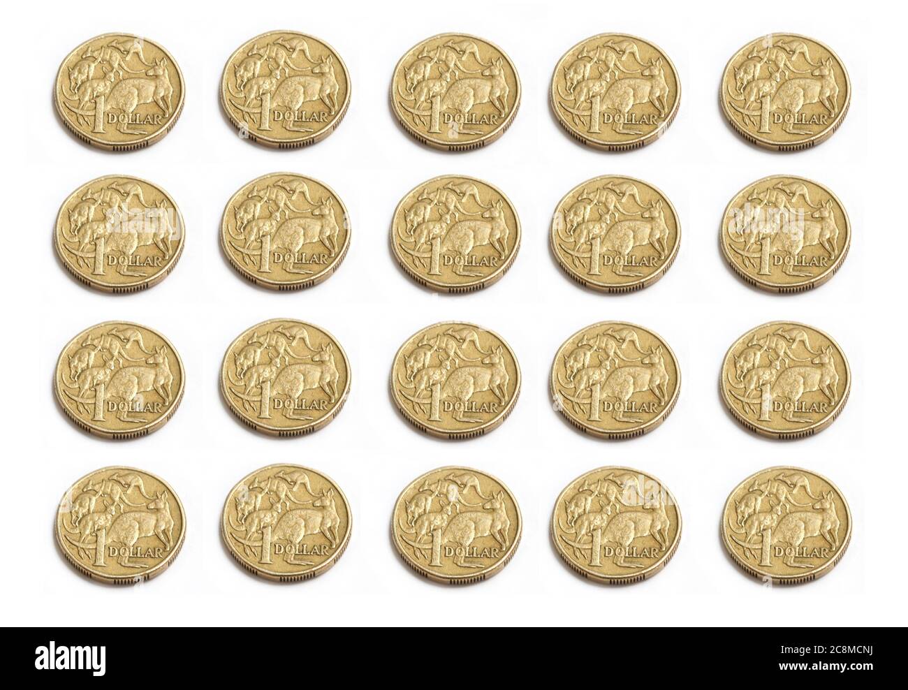 Pièces de monnaie australienne d'un dollar isolées sur blanc Banque D'Images