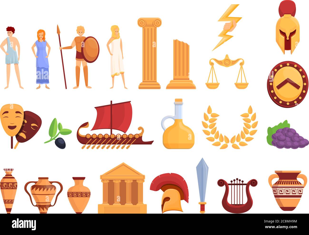 Icônes de la Grèce antique. Ensemble de dessins animés de Grèce antique des icônes vectorielles pour la conception de Web Illustration de Vecteur