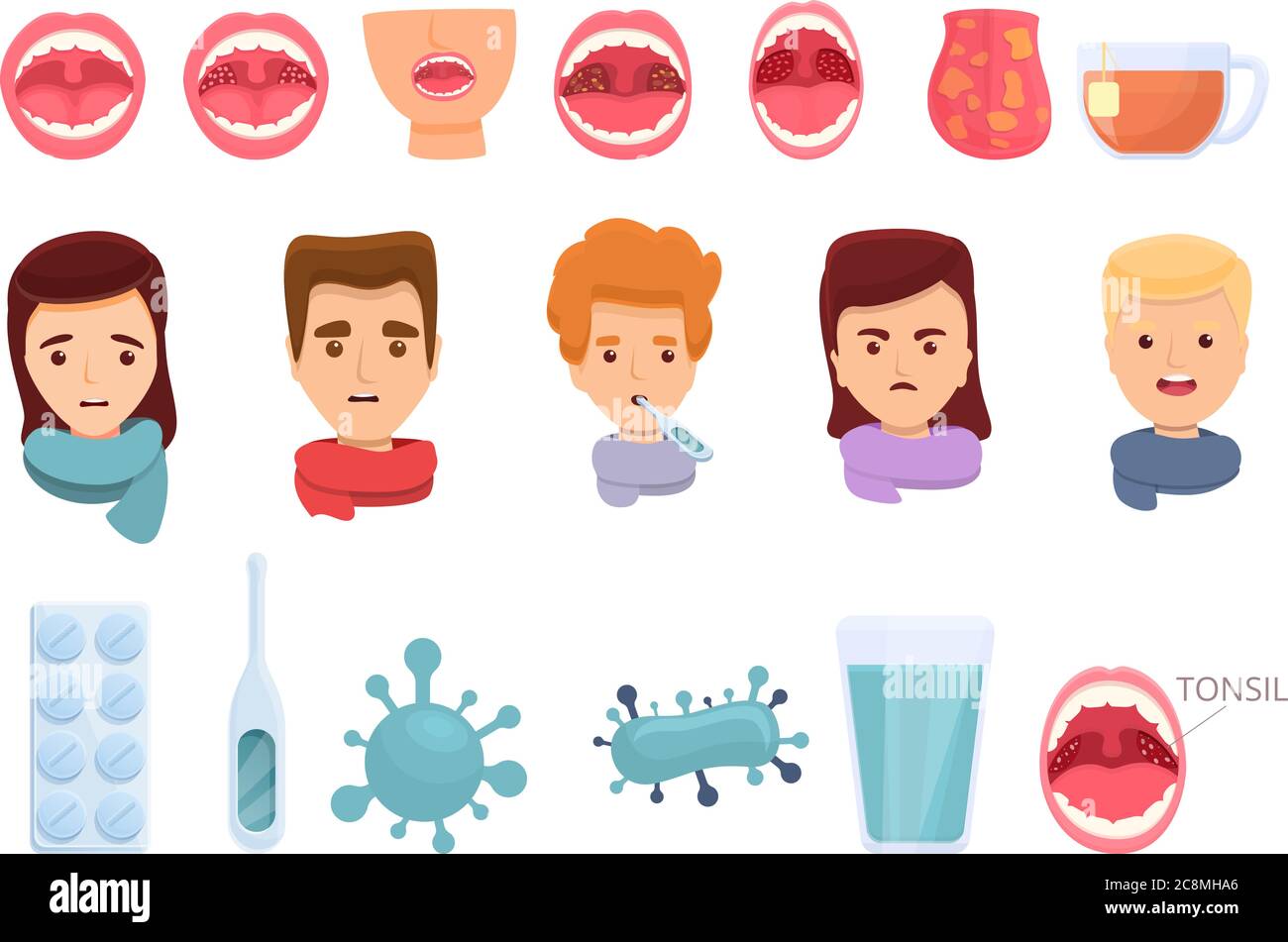 Ensemble d'icônes de tonsillitis. Ensemble de dessins animés d'icônes de vecteur tonsillitis pour la conception de sites Web Illustration de Vecteur