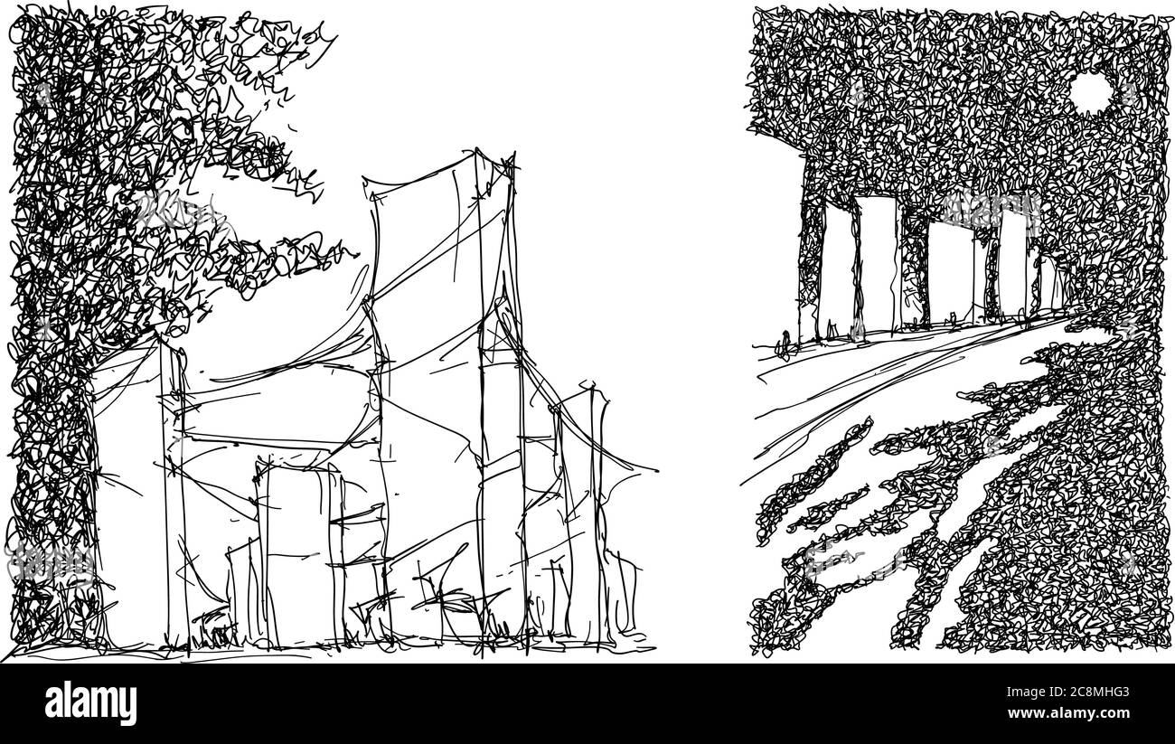 deux croquis dessinés à la main représentant une architecture moderne de paysage urbain avec des bâtiments futuristes élevés et un ciel sombre Illustration de Vecteur