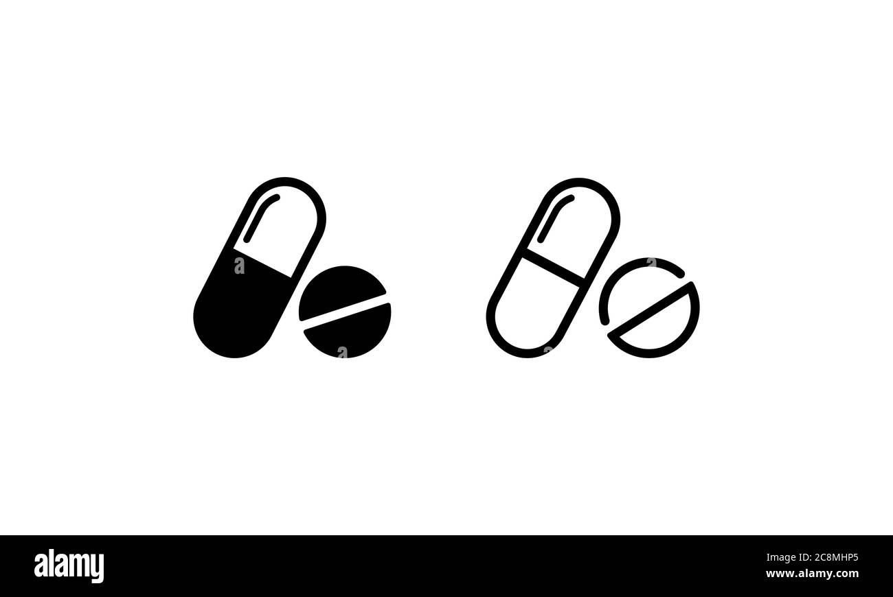 Pilules. Médicament. Jeu d'icônes noir et blanc. Vecteur sur fond blanc isolé. SPE 10 Illustration de Vecteur