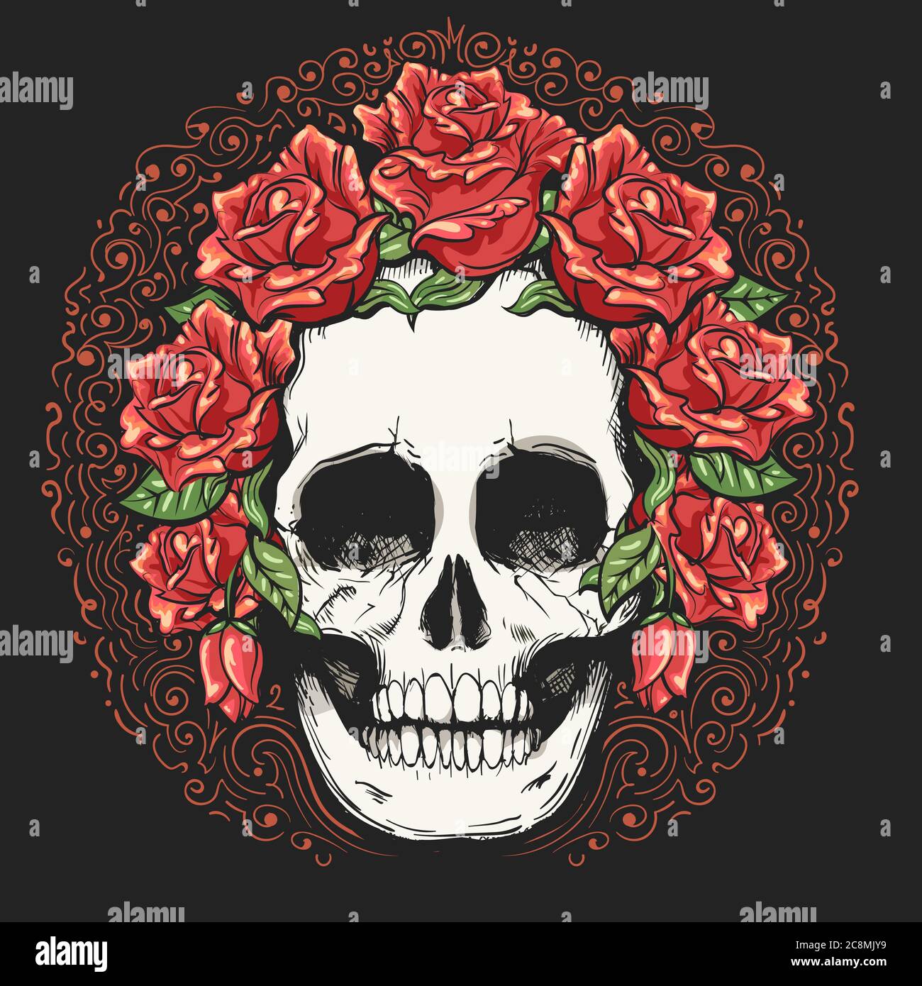 Tatouage couronne crâne humain et fleur rose. Los muertos. Illustration vectorielle. Illustration de Vecteur