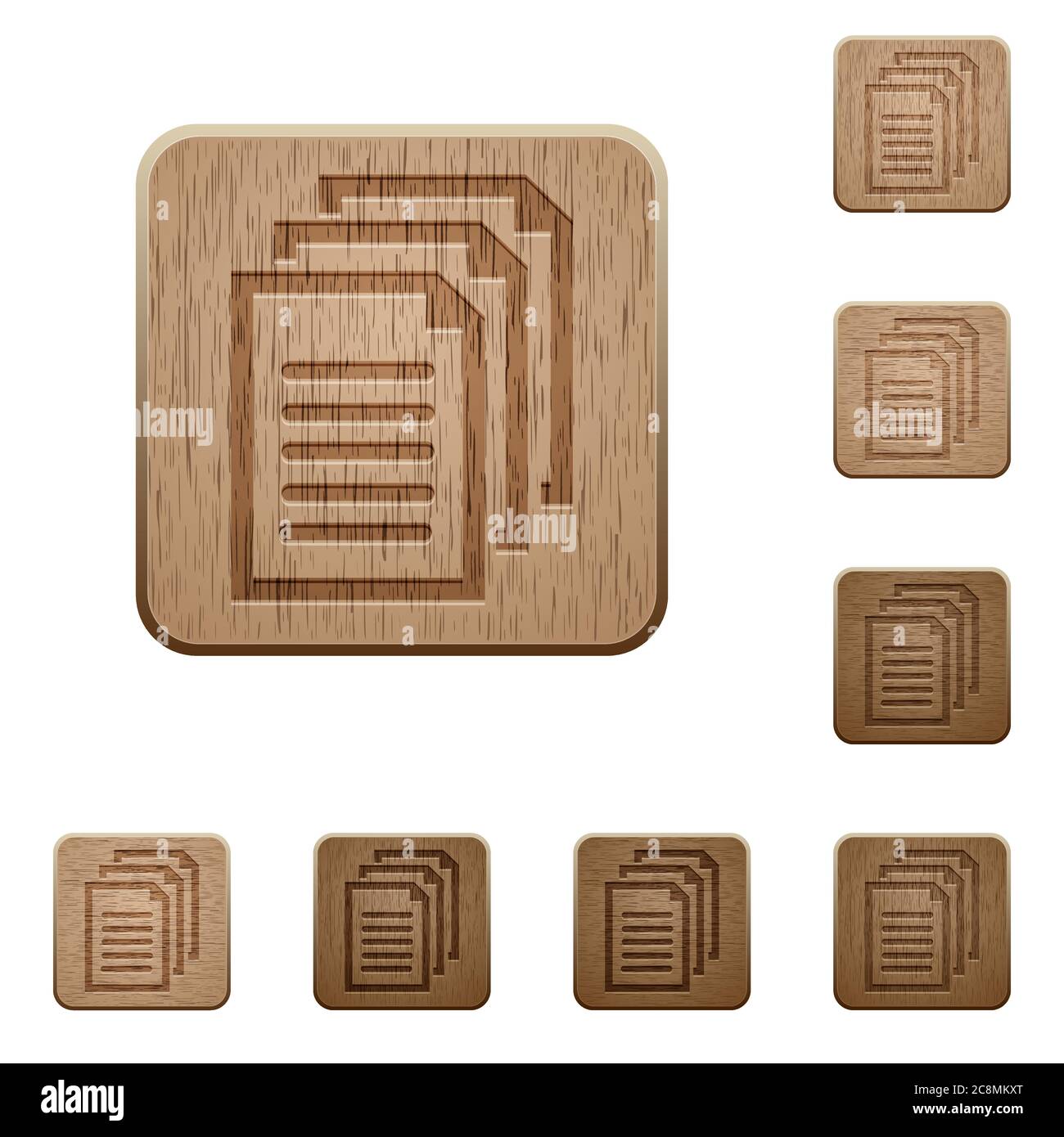 Jeu de boutons de documents en bois sculpté. 8 variantes incluses. Structure de calque organisée. Illustration de Vecteur