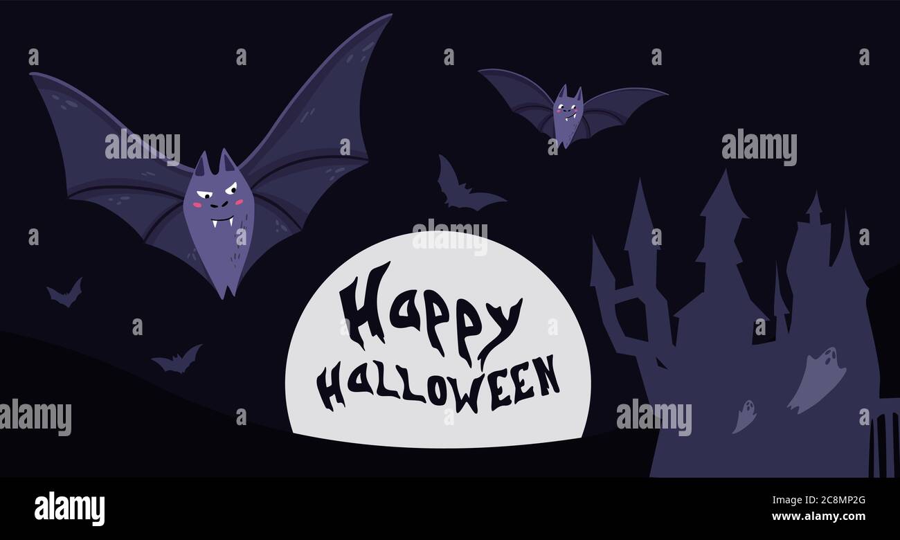Illustration vectorielle de la scène nocturne d'Halloween, mignonne chauve-souris volante, cimetière forestier en arrière-plan Illustration de Vecteur
