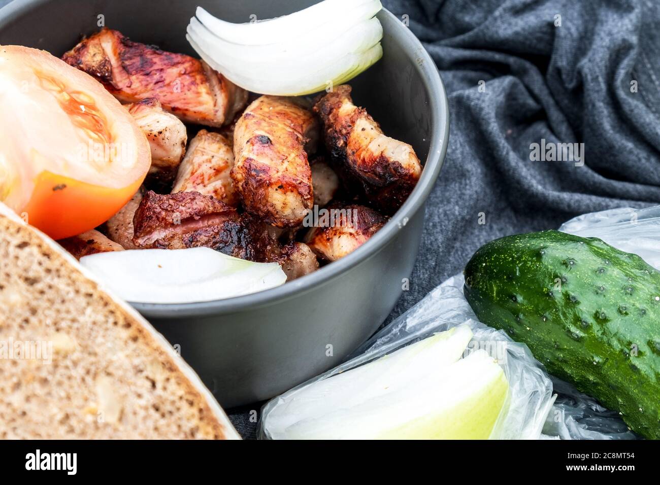 Morceaux de viande grillée juteux cuits au charbon de bois. Viande dans un bol avec des légumes frais et du pain. Pique-nique dans la nature. Mise au point sélective. Gros plan. Banque D'Images