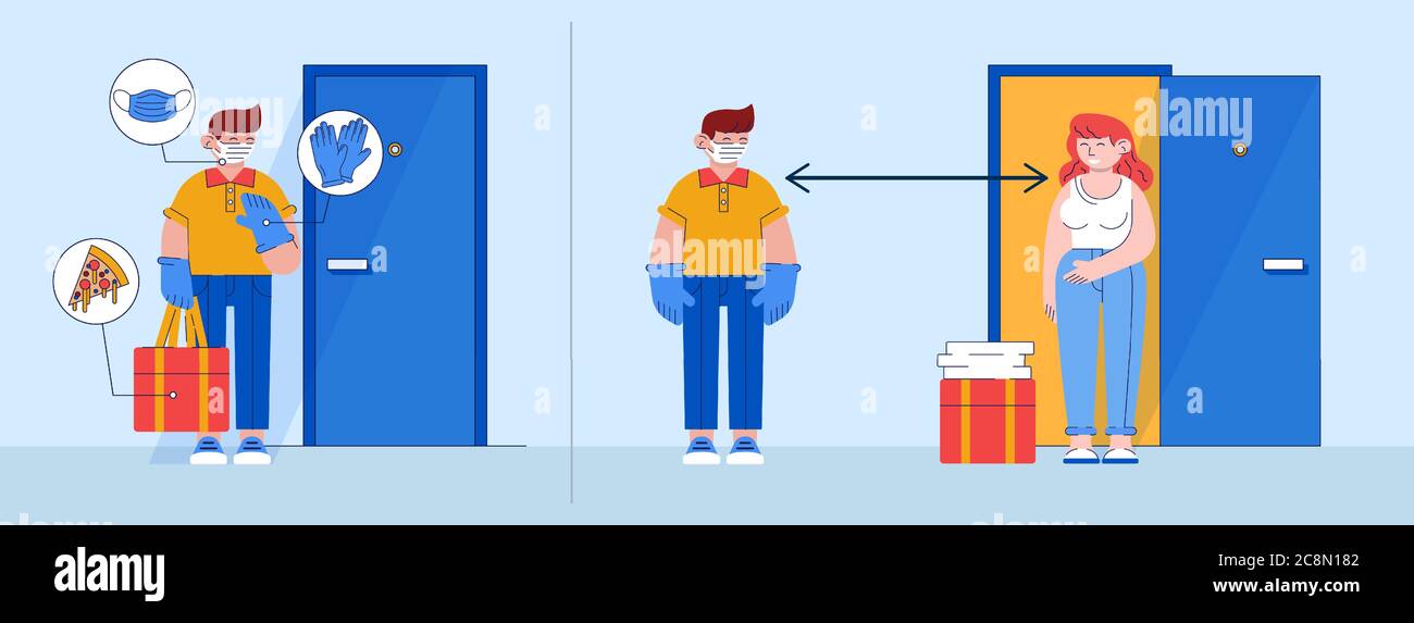 Le coursier dans le masque livre la pizza à la maison pendant la quarantaine. Livraison de nourriture sans contact Illustration de Vecteur