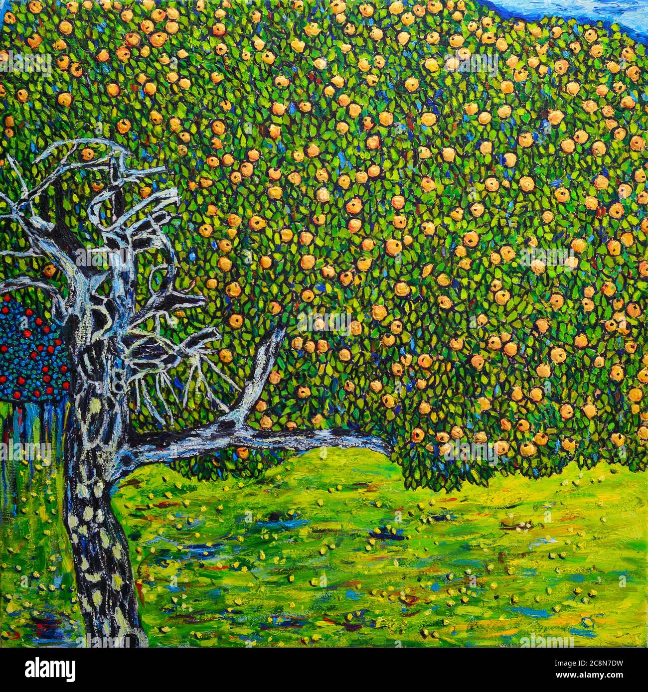 Belle peinture à l'huile pommier. La copie libre est basée sur une reproduction photo d'un merveilleux tableau de Gustav Klimt - l'arbre d'Apple doré - qui était Banque D'Images