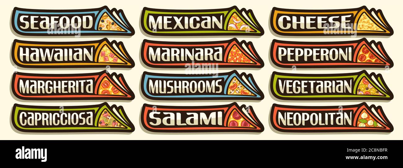 Ensemble Vector Pizza, 12 illustrations découpées avec des cabanes traditionnelles italiennes fastfood avec divers textes de titre pizza, lot groupe de design décoratif b Illustration de Vecteur