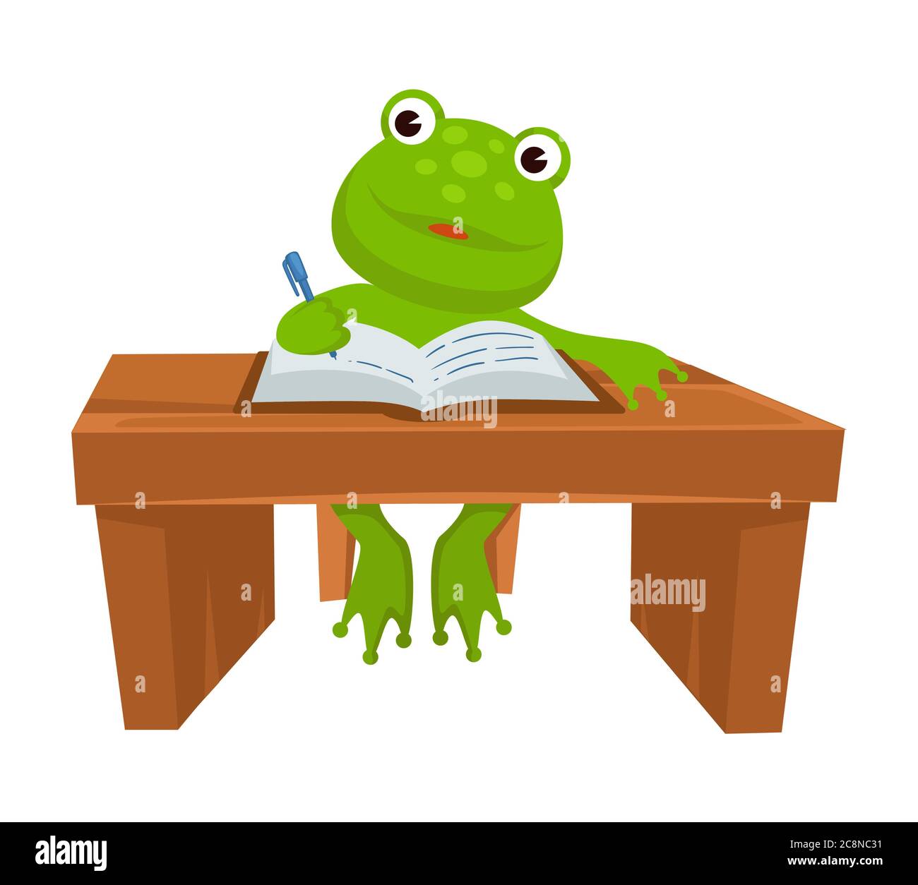 Grenouille assise par table écrivant dans un manuel, étudiant animal Illustration de Vecteur