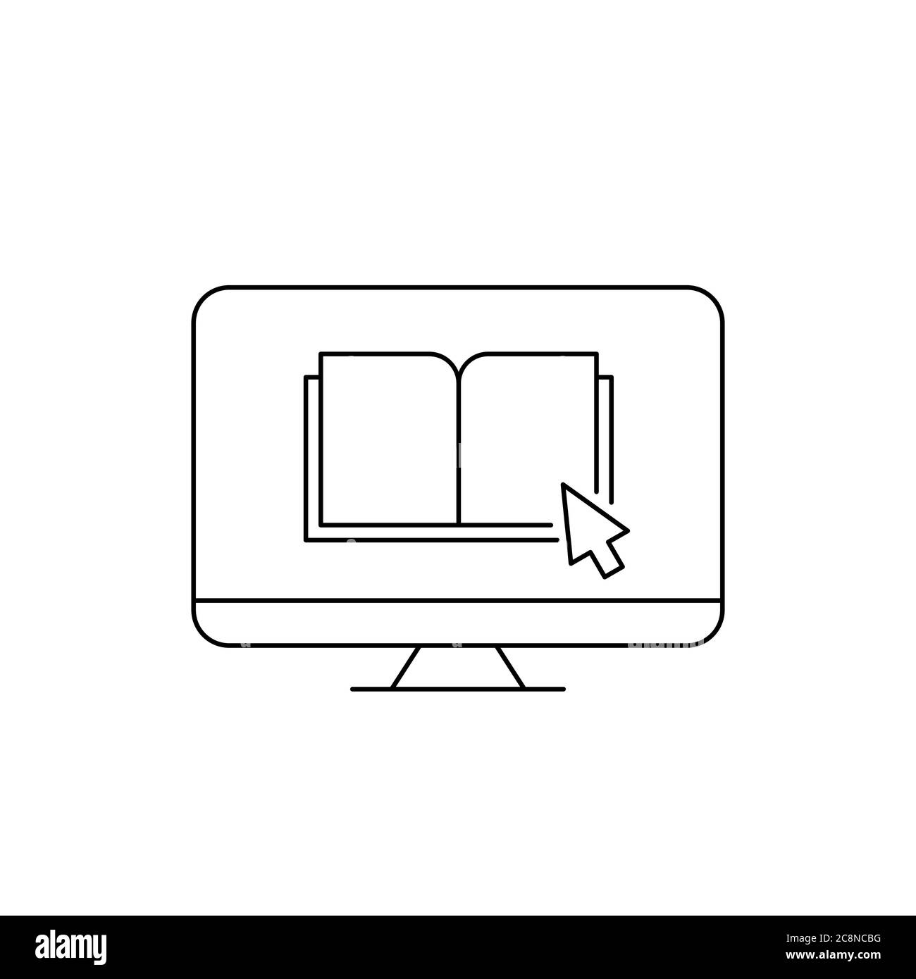 Icône de livre sur une ligne d'écran de PC. Lecture du concept de livre électronique. Lecteur de livres électroniques. Bibliothèque en ligne. Téléchargement de livres numériques. Formation en ligne. Contour noir Illustration de Vecteur