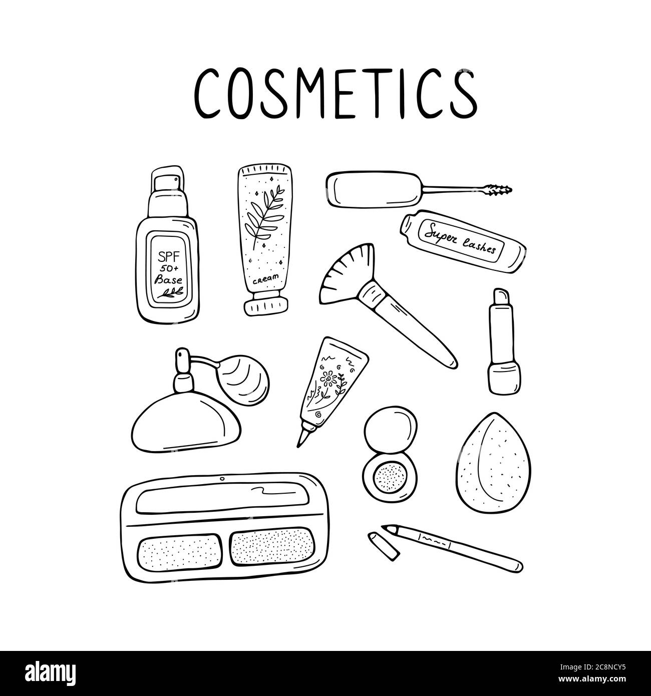 Icônes de maquillage et de soin de la peau. Produits et accessoires pour la beauté. Ensemble de panneaux simples pour femmes. Éléments de visualisation. Graphique vectoriel tracé à la main Illustration de Vecteur