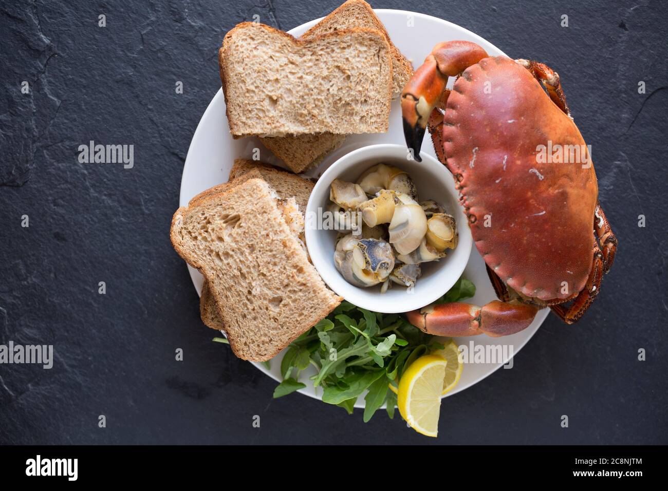 Des sandwiches de crabe faits à partir d'un crabe brun, cancer pagurus, servis avec un bol de buccins bouillis, Buccinum undatum, et un crabe brun entier cuit. Dorset E Banque D'Images