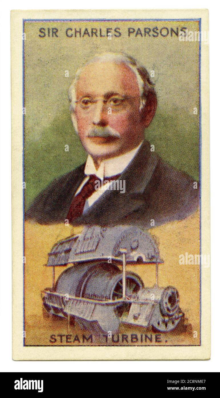 Une vieille carte à cigarettes (c. 1929) avec un portrait de l'honorable Sir Charles Algernon Parsons, OM, KCB, FRS (1854-1931) et une illustration de sa turbine à vapeur. Parsons était un ingénieur anglo-irlandais, plus connu pour son invention de la turbine à vapeur composée. En 1884, Parsons était chef du développement de l'équipement électrique chez Clarke, Chapman et Co, constructeurs de moteurs de navires près de Newcastle. Il y a développé un moteur à turbine en 1884 et l'a utilisé pour piloter un générateur électrique. La turbine à vapeur de Parsons a rendu possible l'électricité bon marché et a révolutionné le transport maritime. Banque D'Images