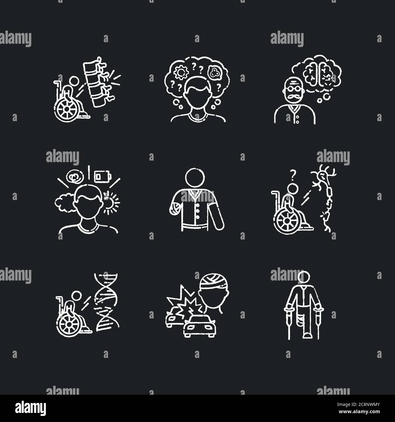 Patient avec une craie d'invalidité icônes blanches sur fond noir. Homme handicapé. Personne paralysée en fauteuil roulant. Lésion cérébrale. Maladie chronique. ISO Illustration de Vecteur