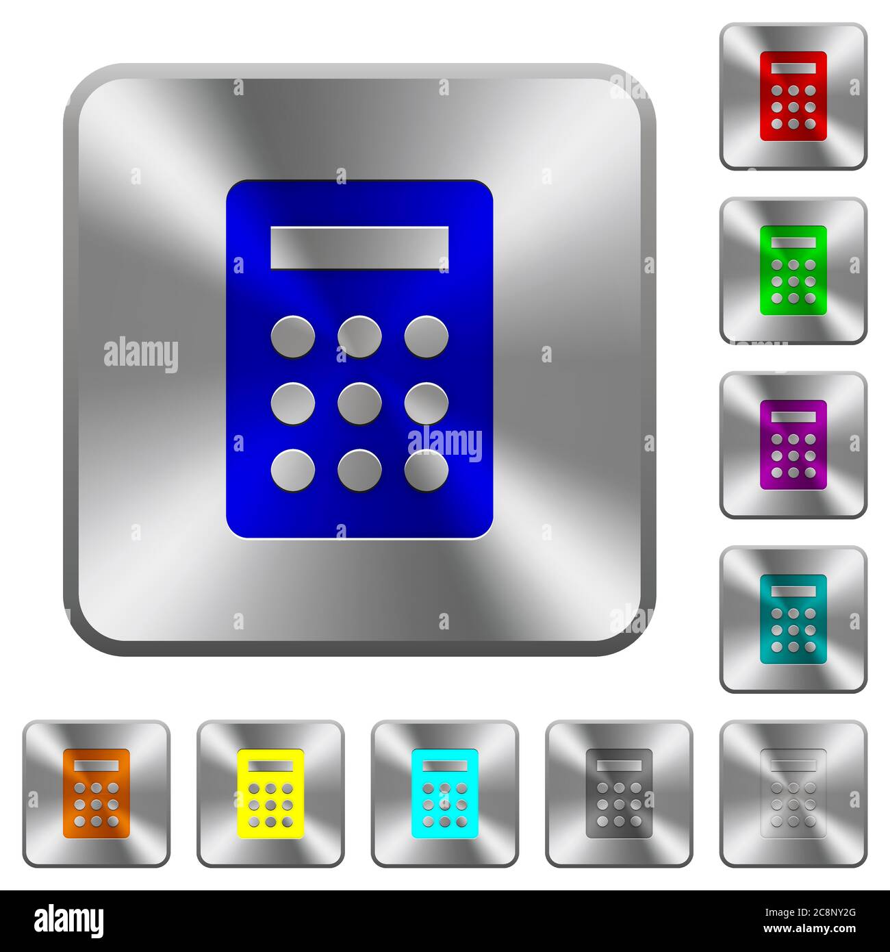 Icônes de calculatrice gravées sur des boutons en acier carrés arrondis Illustration de Vecteur