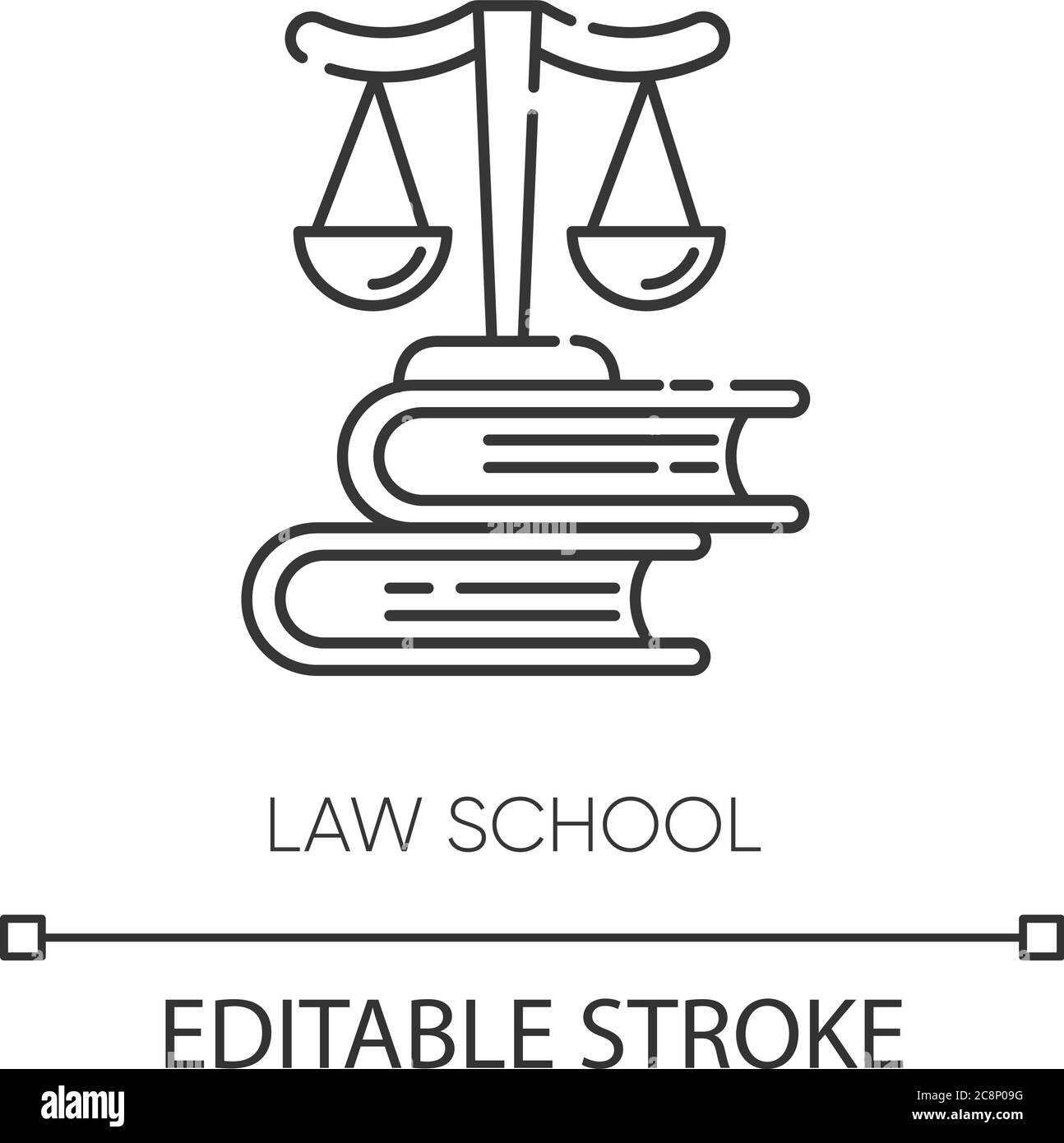 Icône linéaire parfaite pixel école de droit. Système judiciaire. Illustration Justice fine personnalisable. Symbole de contour. Echelle sur le vecteur de pile de livres isola Illustration de Vecteur