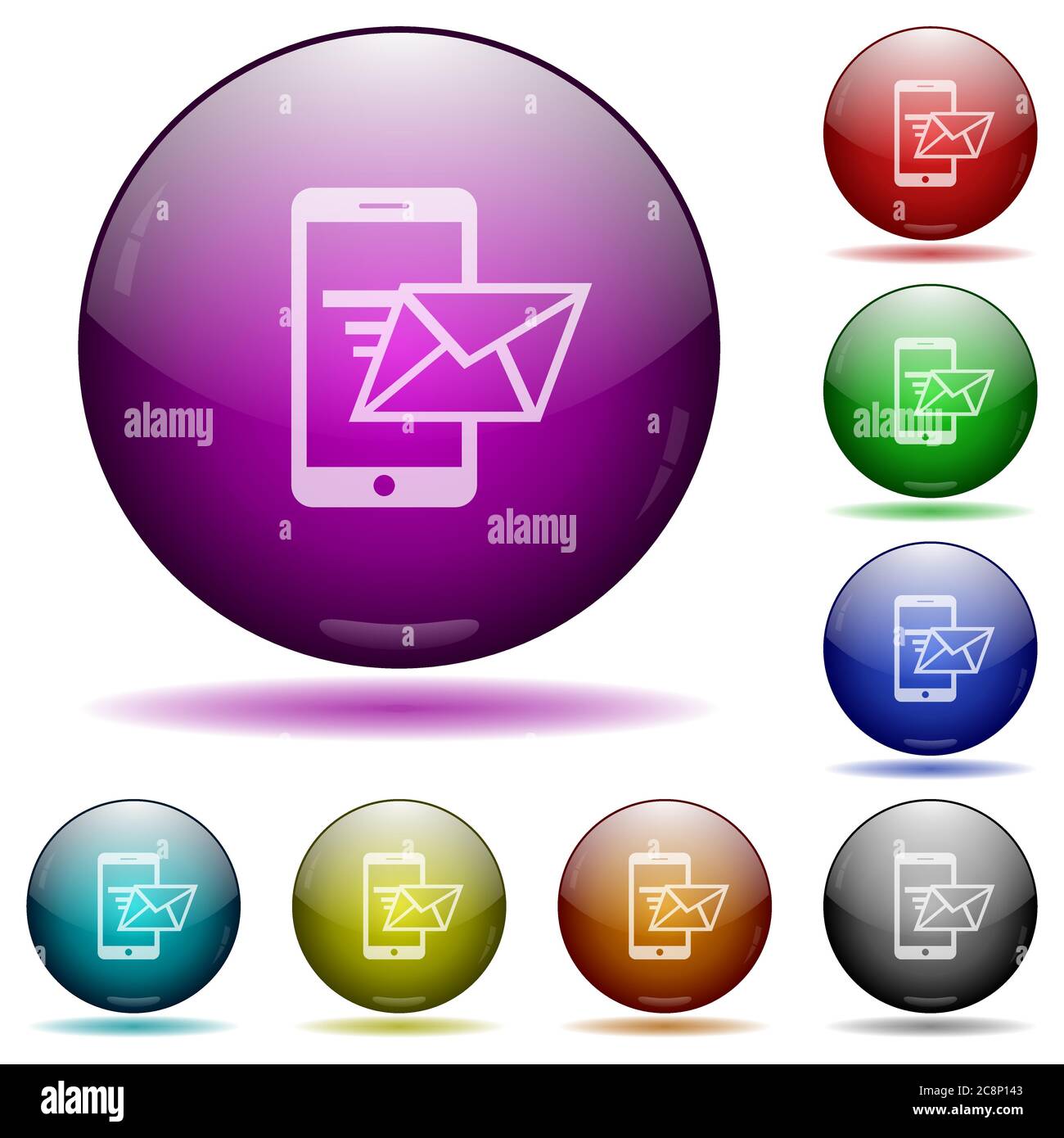 Jeu de couleurs envoyant un e-mail boutons de sphère de verre avec ombres. Illustration de Vecteur
