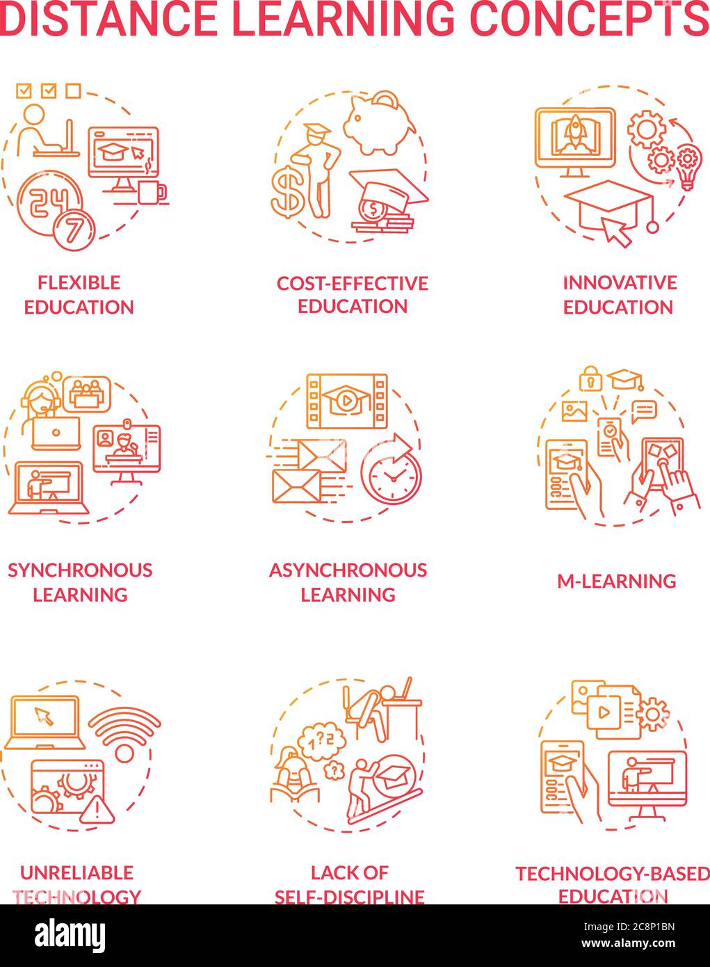 Jeu d'icônes de concept d'apprentissage à distance. Formation flexible. Formation basée sur la technologie. Apprentissage en ligne. Environnement d'apprentissage à distance idée ligne fine RVB couleur Illustration de Vecteur