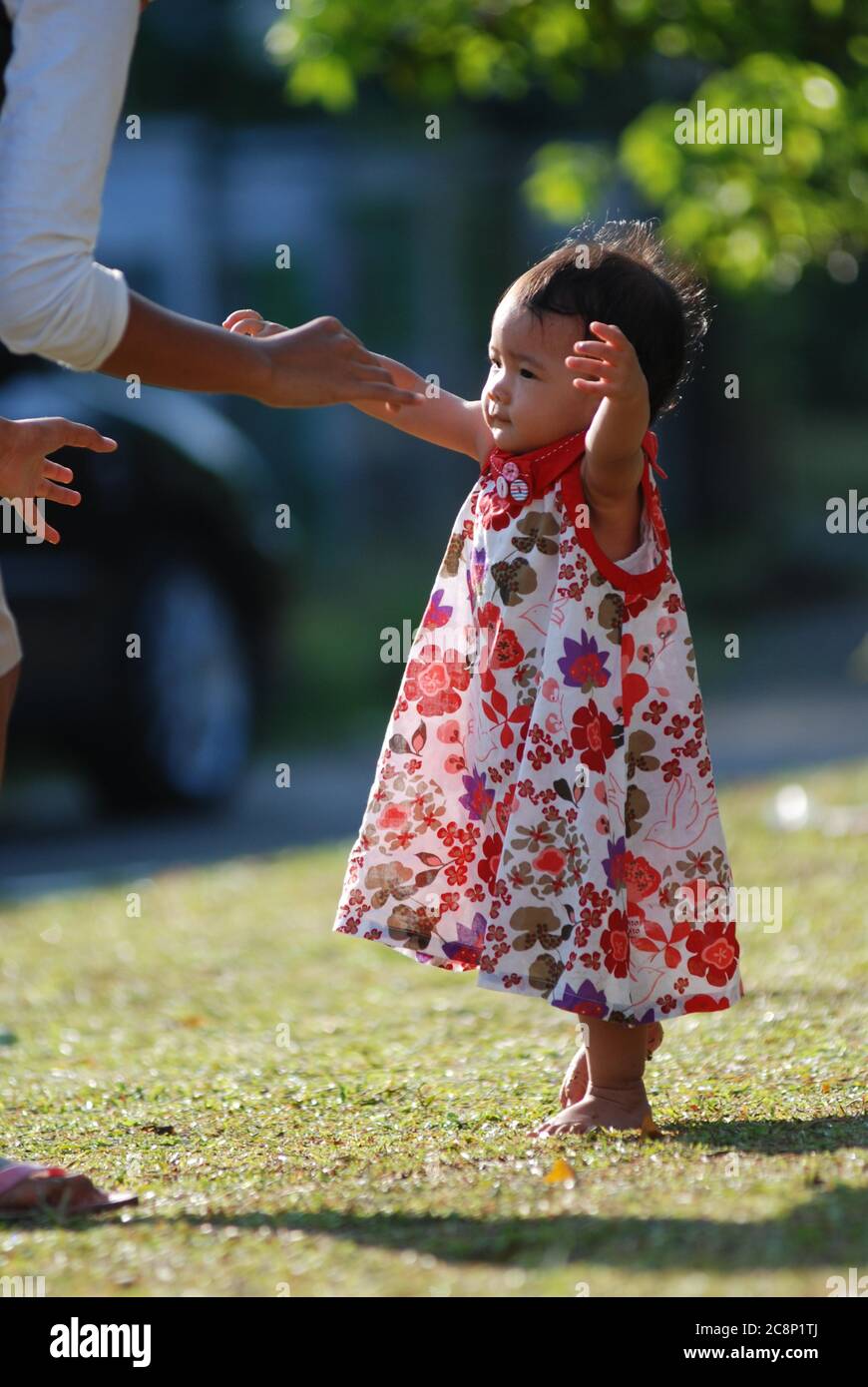 Portrait d'une fille dans un jardin marchant vers des bras étirés, Indonésie Banque D'Images