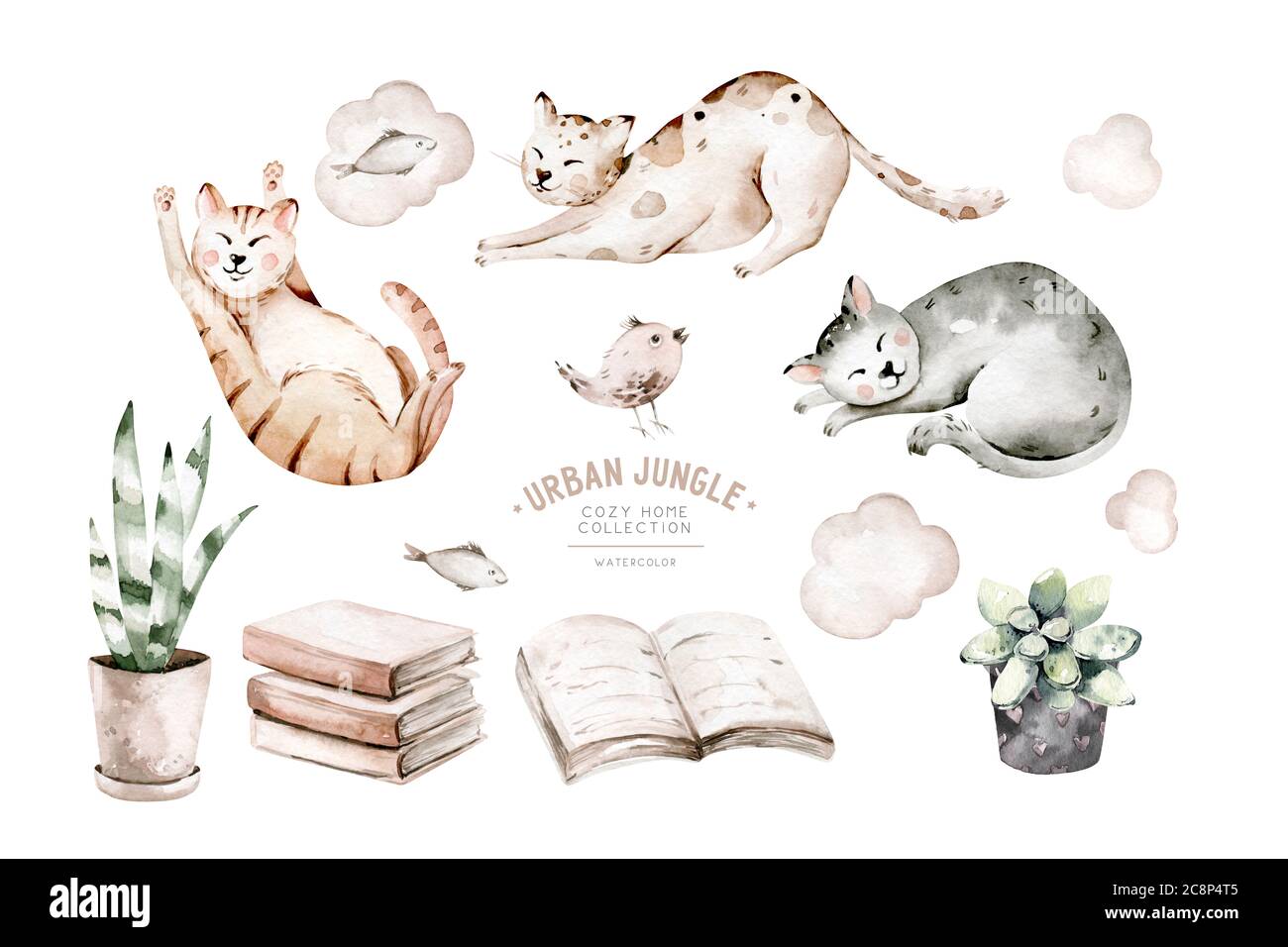 Mignon aquarelle dessin animé chats ensemble illustrations isolées sur blanc. Parfait pour les stikers, le papier peint, la décoration d'affiche. Banque D'Images