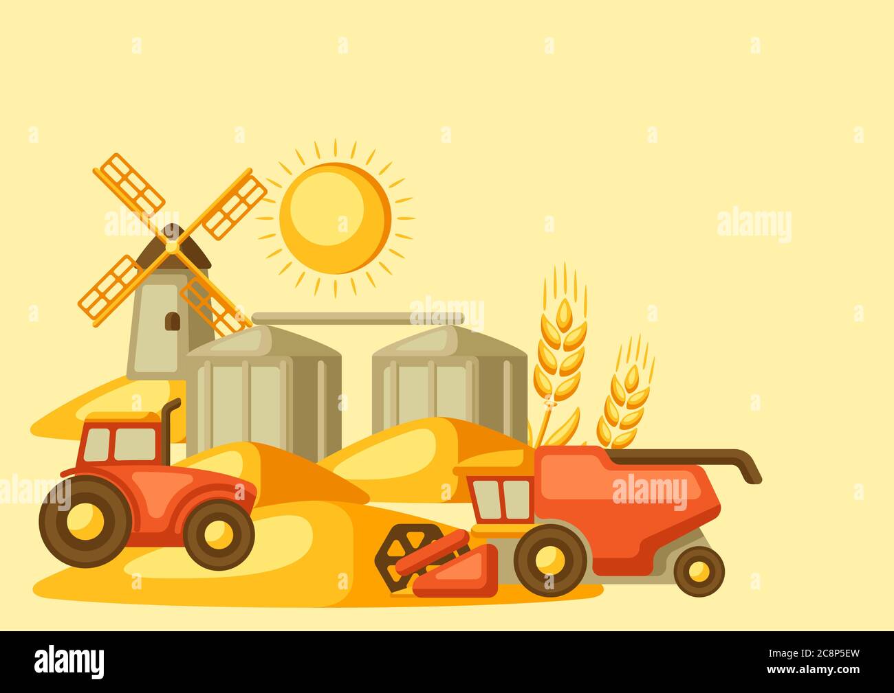 Récolte de fond. Moissonneuse-batteuse, tracteur et granary sur champ de blé. Illustration de Vecteur