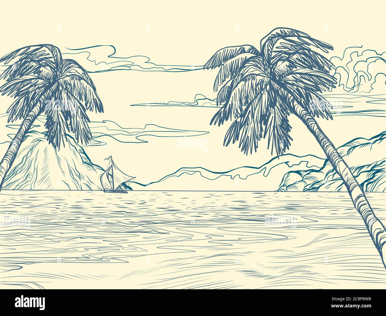 silhouette de contour de mer des palmiers Illustration de Vecteur