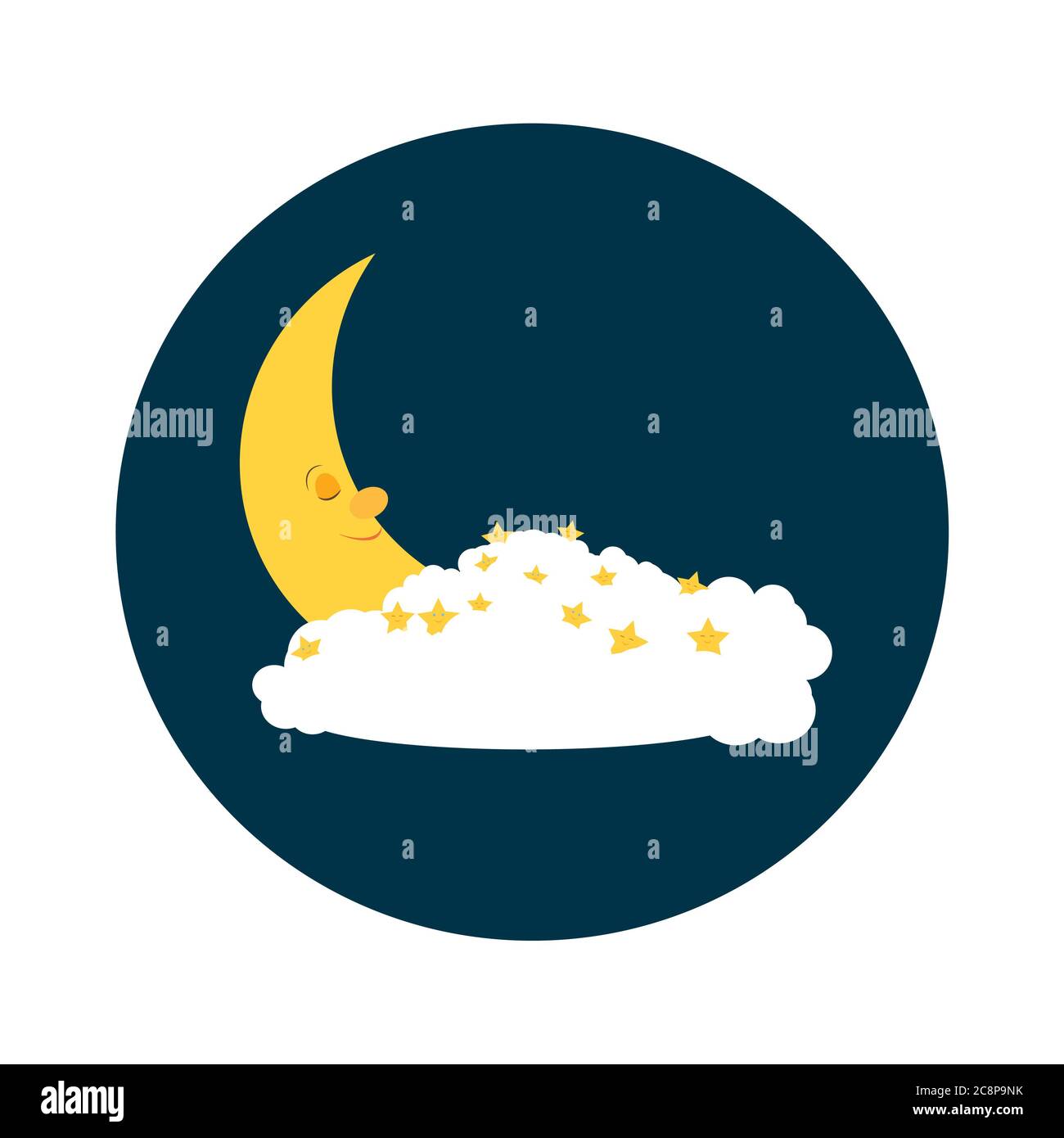 Lune en sommeil avec nuages et étoiles. Banque D'Images