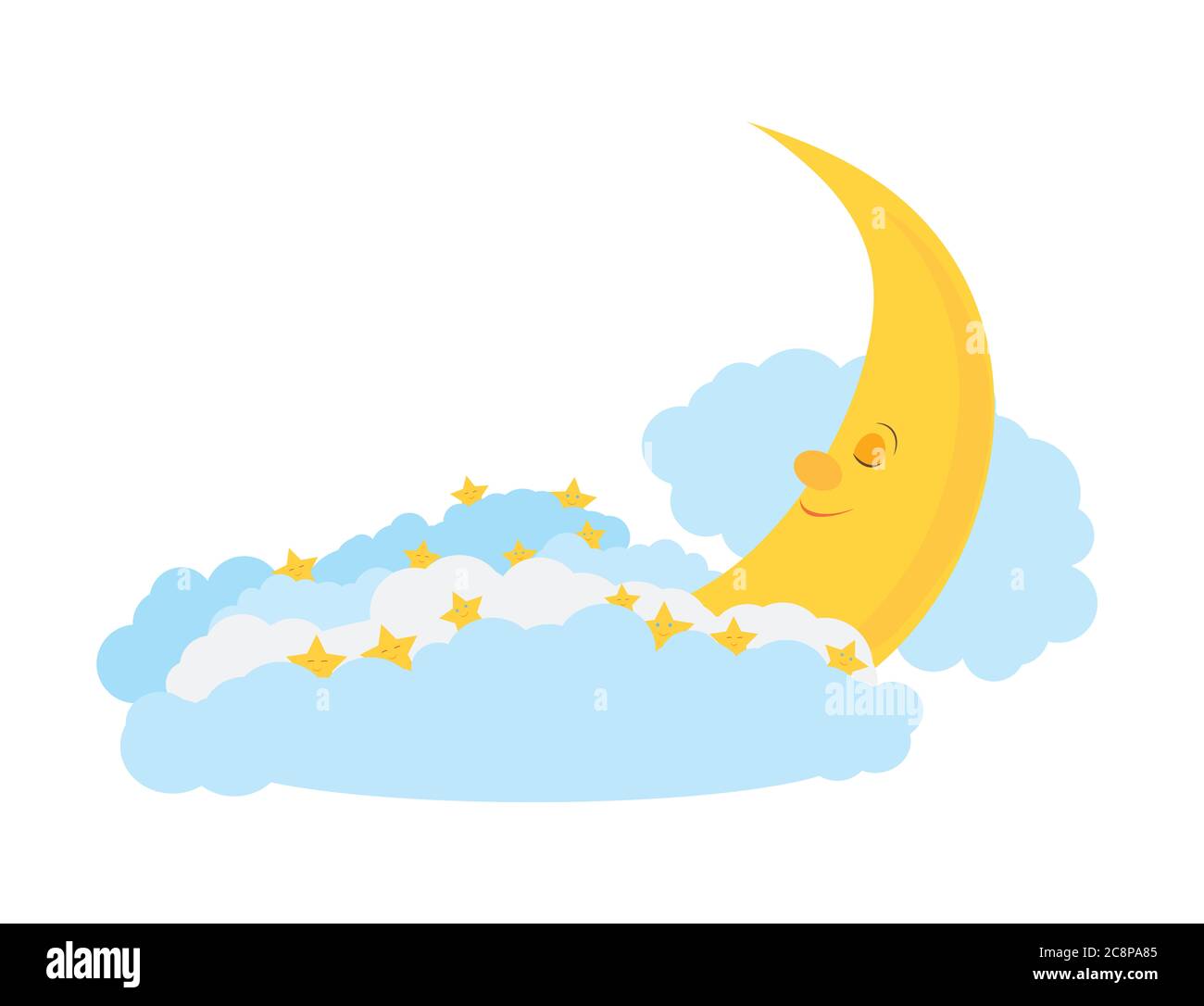 Lune en sommeil avec nuages et étoiles. Isolé sur fond blanc. Banque D'Images