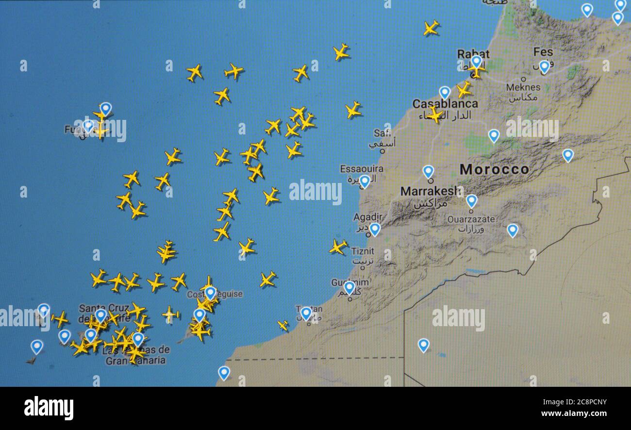 Trafic aérien sur l'archipel des Canaries (25 juillet 2020, UTC 20.50) sur Internet avec le site Flightracar 24, pendant la pandémie du coronavirus Banque D'Images