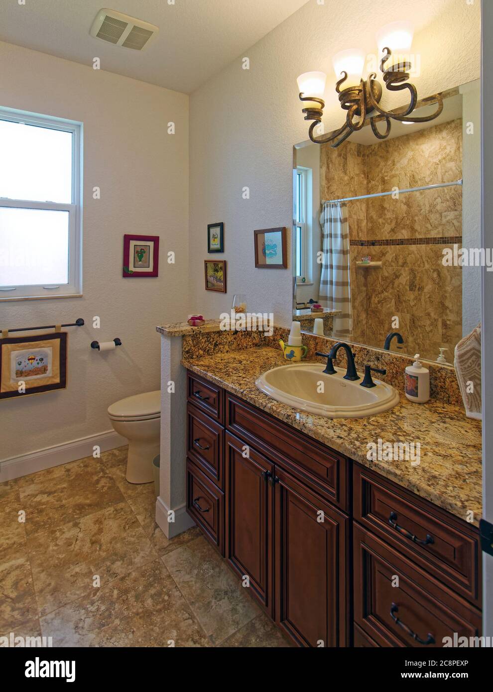 salle de bains, lavabo, comptoir en granit, cloison de toilettes, douche réfléchie, miroir, sol carrelé, armoire en bois sombre, beige, marron, RP Banque D'Images