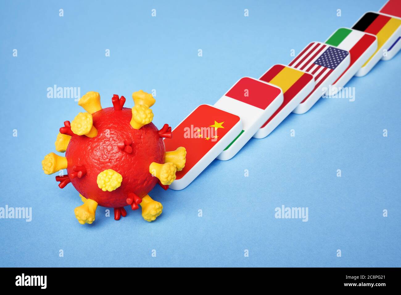 COVID-19 pandémie de coronavirus. L'effet Domino est une réaction en chaîne de propagation de virus dans le monde Banque D'Images