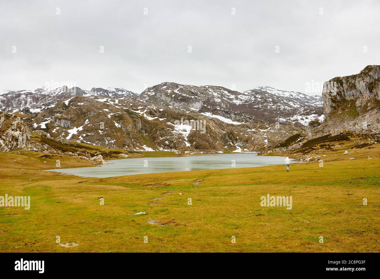 Randonneur au lac glaciaire Lago Ercina par une journée nuageux avec neige dans les sommets environnants (Cangas de Onís, Parc national Picos de Europa, Asturies, Espagne) Banque D'Images