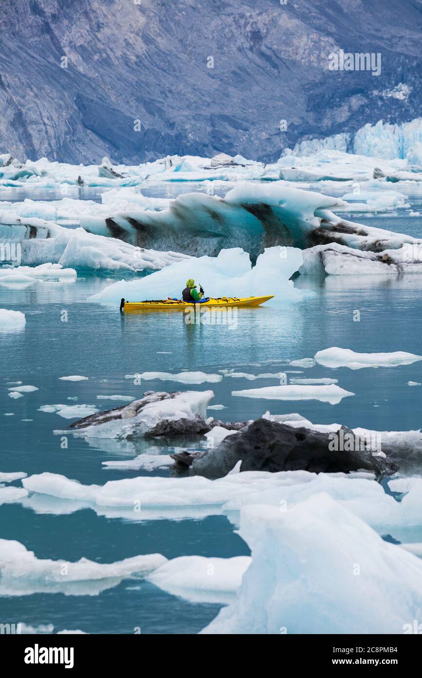 Kayak de mer pagayant dans un lagon glaciaire à un terminus de glacier sur la côte de l'Alaska Banque D'Images