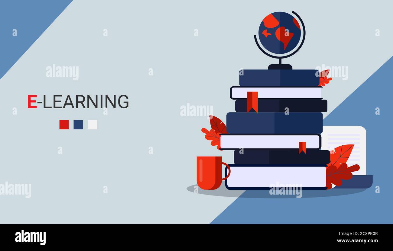 Illustration de l'apprentissage en ligne avec pile de livres sur le bureau de l'étudiant, fond bleu Illustration de Vecteur