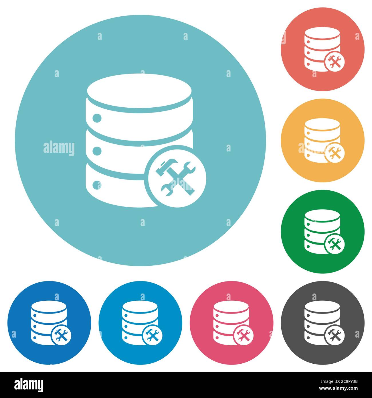 Icône de maintenance de base de données plate définie sur fond rond. Illustration de Vecteur